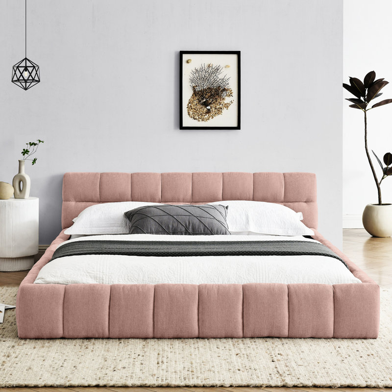 Lit tapissier grand - Tête de lit épaisse en tissu de chenille rose et structure solide sans rembourrage de sommier, Rose