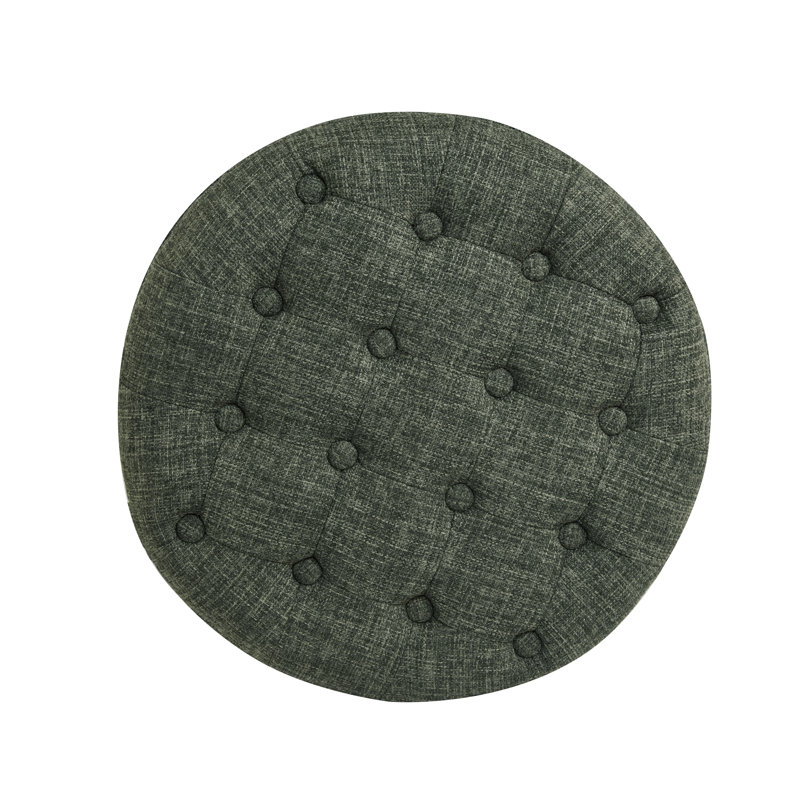 Round Button-Tufted Storage Ottoman, Green Clover Polyester Blend