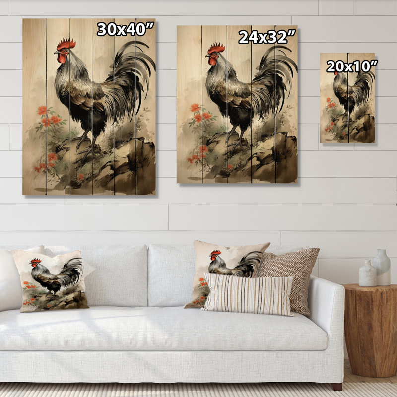 Asian Art Rooster Sumi III sur bois, H 40 po x l 30 po x P 0,78 po