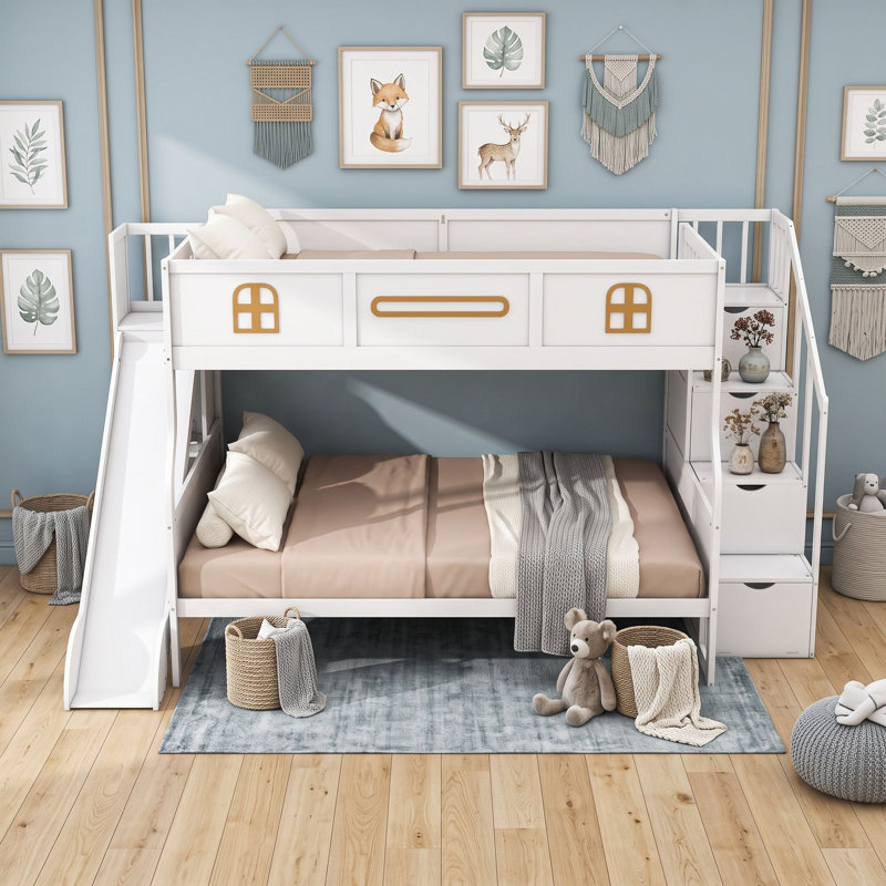 Lit superposé en bois XL + Queen avec glissade, escalier de rangement et étagères, White