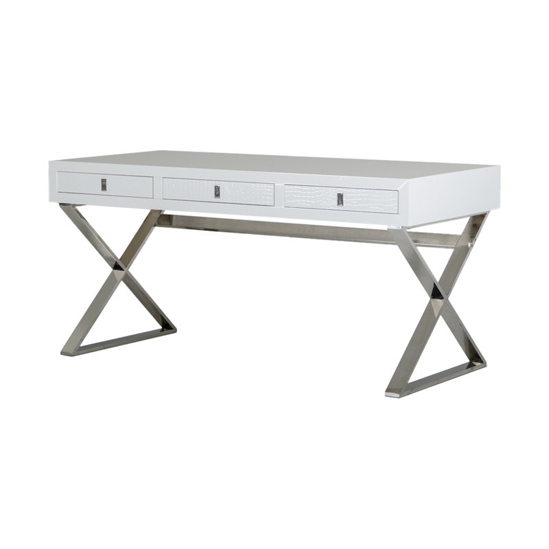 Bureau d'écriture Cyen, 57 pouces, laque crocodile, 2 tiroirs, Blanc