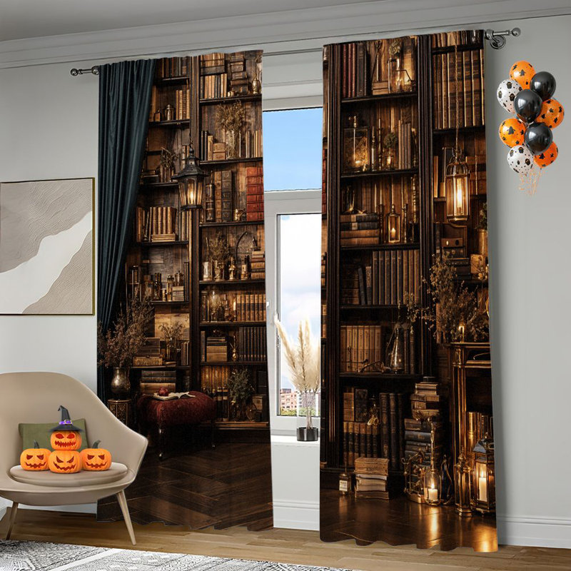 2Pcs Vintage Library Bookshelf Curtains Rustic Book Lover Panel Drapes Literary Theme Window Treatment with Lantern Design Rod Pocket Dark Academia Home Decor for Living Room Bedroom Study Light Filtering Privacy