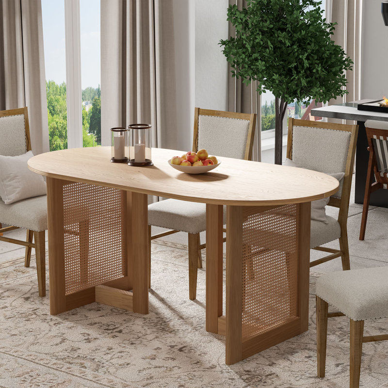 Midkiff 33.5"W×30"H Oval Dining Table Kitchen Table with Rattan Double Pedestal Base, 30"H x 67"L x 33.5"W, Natural Wood