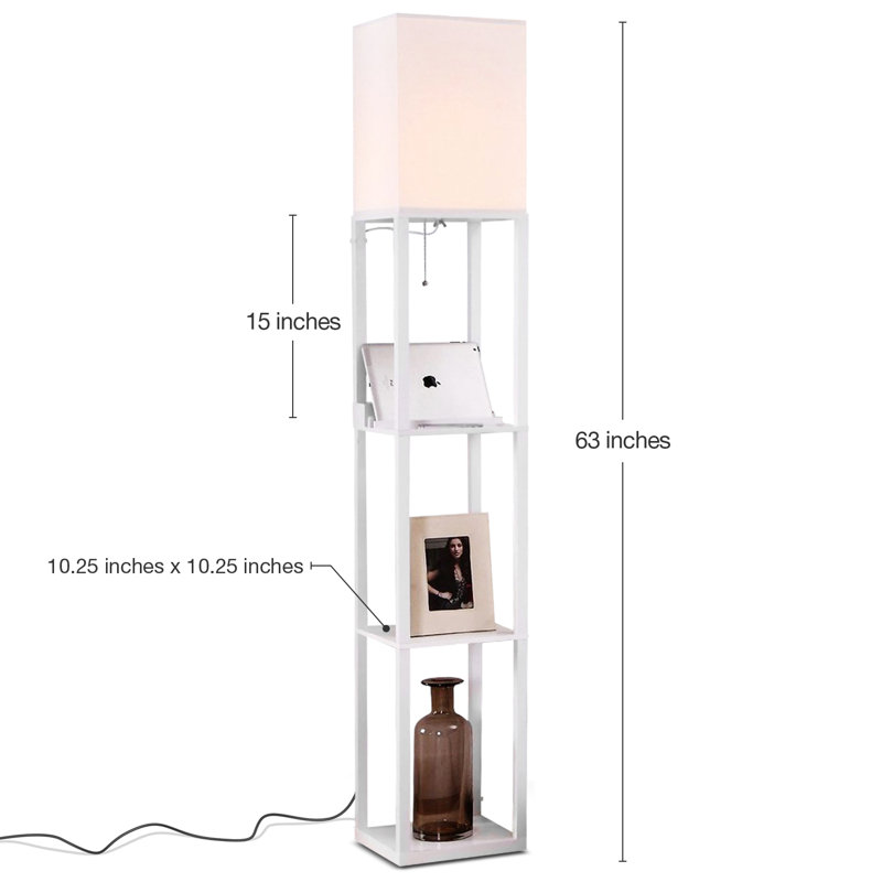 Maxwell 63 in. 3-Shelf USB-Charging LED Floor Lamp with Fabric Square Shade, White, White
