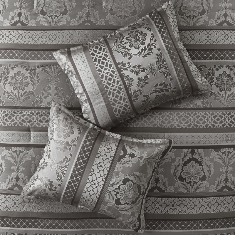 Édredon grand gris - 7 pièces avec motifs de feuilles et de rayures pour l'élégance et, Gris