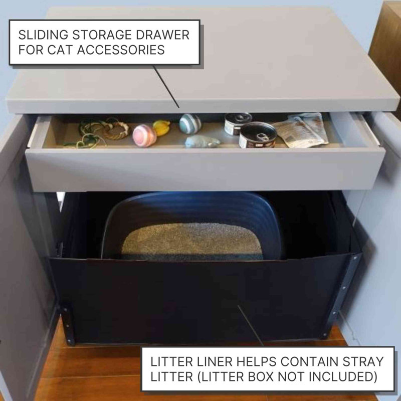 The Refined Litter Box - Wood Cat Litter Box Enclosure Cabinet with Drawer, Modern Style, Large, White