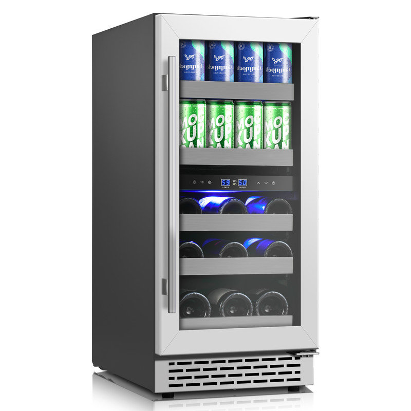 Réfrigérateur à vin et à boissons de 15 pouces - 13 bouteilles et 48 canettes Réfrigérateur à vin à deux zones en acier inoxydable avec lumière DEL et porte réversible