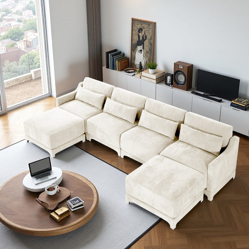 4 Seater Sofa,u Shape Sofa 1 Movable Ottoman,chenille Fabric,solid Wood Frame, Suits Living Rooms, Hotels, Lounges