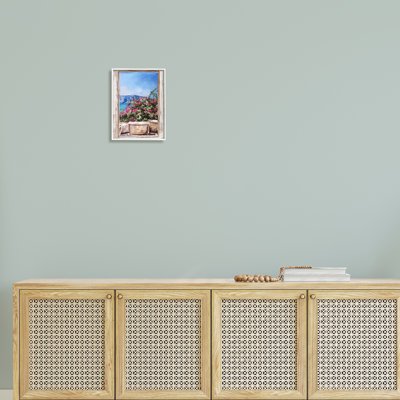 Scène de jardin à travers une fenêtre vue de bord de mer par Ziwei Li - peinture sur bois encadrée