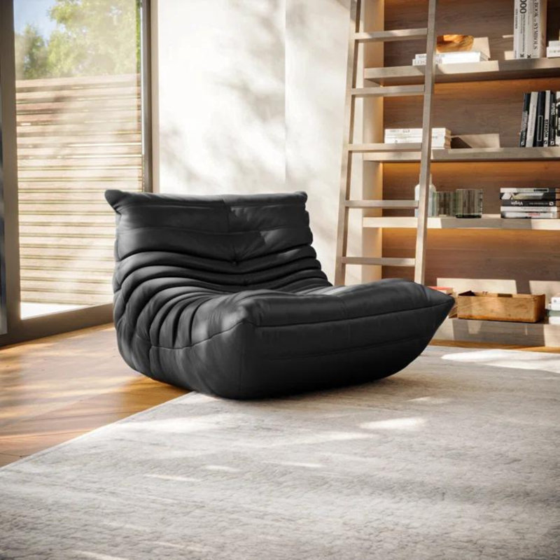 Grand fauteuil à billes et méridienne en cuir véritable, Cuir véritable noir