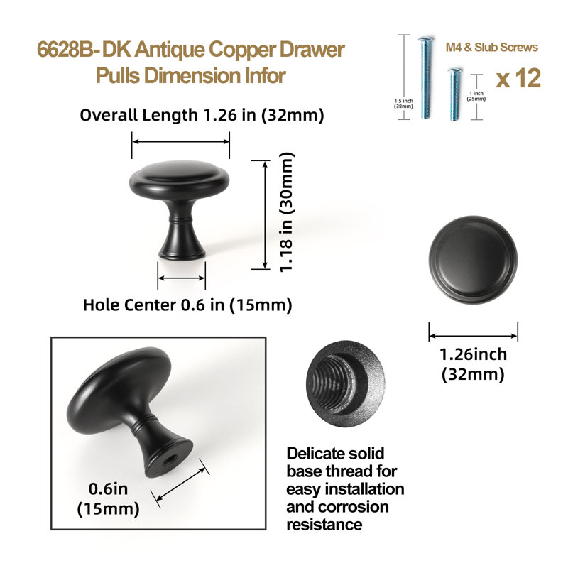 Boutons d'armoire d'inspiration rétro 1 1/4 po, Noir
