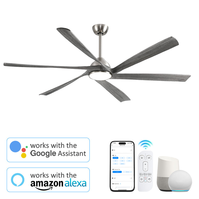 6 Blade Solid Wood Smart Ceiling Fan With Quiet Reversible Dc Motor, Dimmable Led Light, Remote & App Control, Silver, 72"