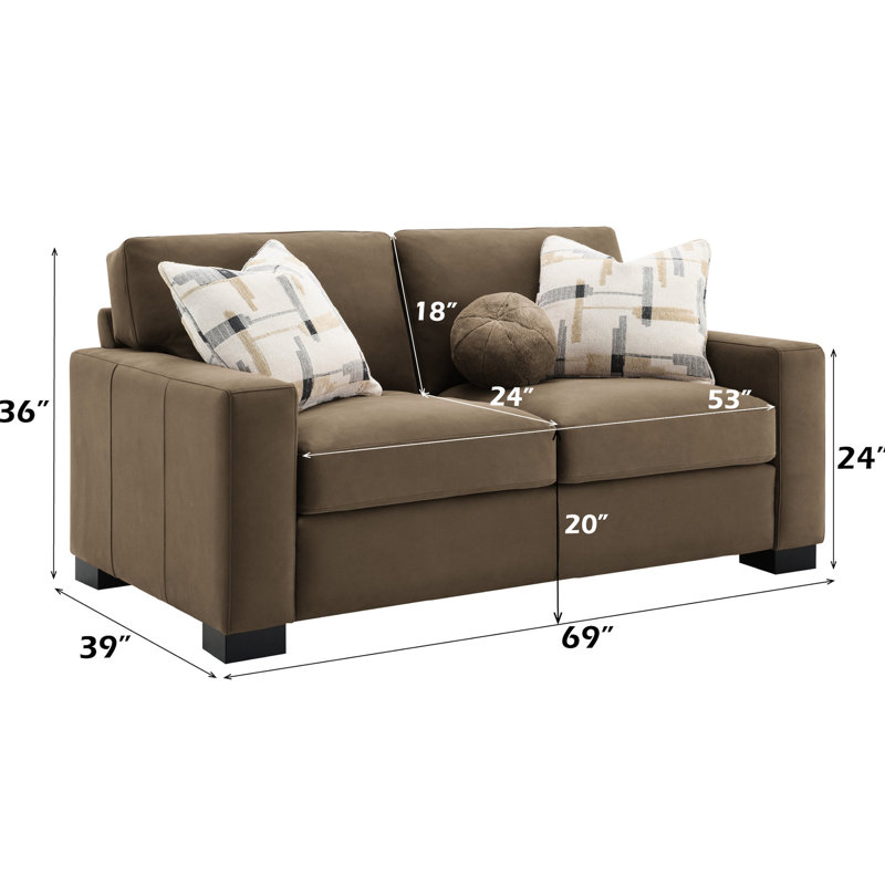 Suède brun, structure intérieure en bois, 3 coussins, poids de 107,29 lb, hauteur des accoudoirs de 24 po, largeur de l'ensemble de 39,8 po, capacité de 440 lb en suède, fabrication en contreplaqué, profondeur du dossier de 39,55 po, cadre