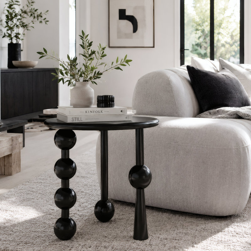 Modern Black Round End Table, Solid Rubberwood Sculptural Side Table 20"D×18"H