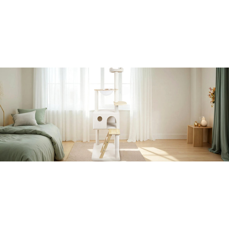 Tour pour chat en bois de 165 cm avec un grand vaisseau spatial transparent - stable pour les amoureux, arbre à surface de grattage amélioré de 400 g / m d'épaisseur, chats robustes de 20 lb, fonction de douceur polyvalente