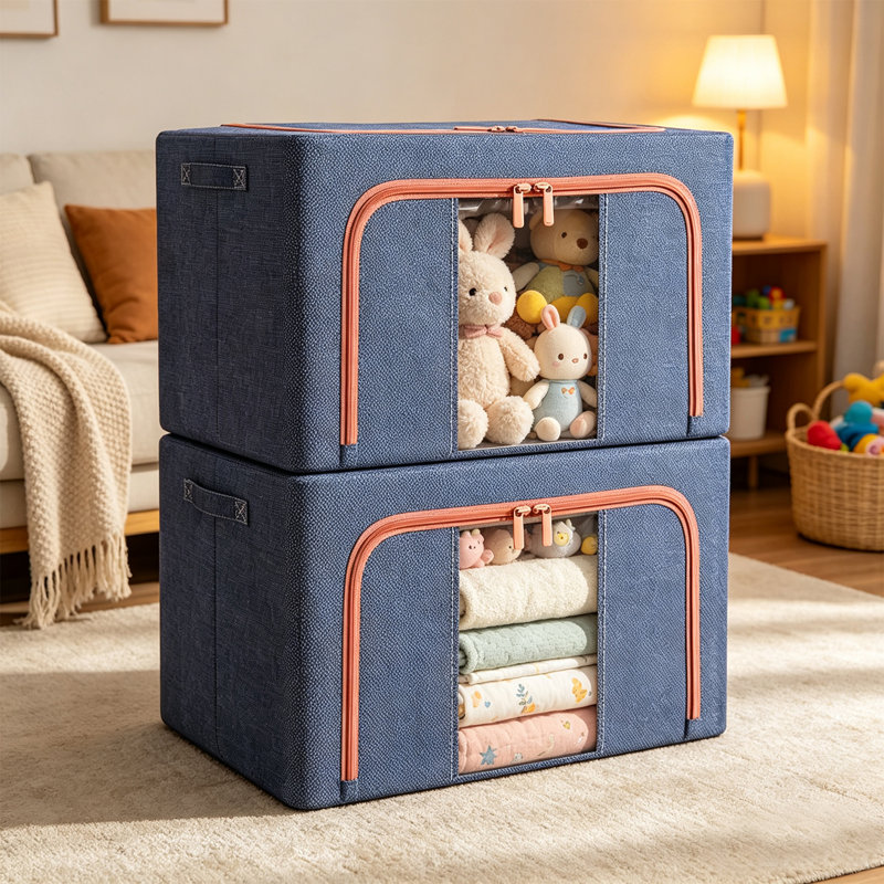 Hokku Designs Fabric Decorative Bin, 2Pack Clothes Storage Bins with Metal Frame Foldable Storage Box Clothes Organizers Storage Containers for Clothes Sheets Blankets Books Toys Gifts and Holiday Decorations