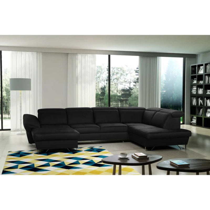 Natron Leather Corner U-form Sofa with Sleeping Function and Storage , Right Hand Facing, Black