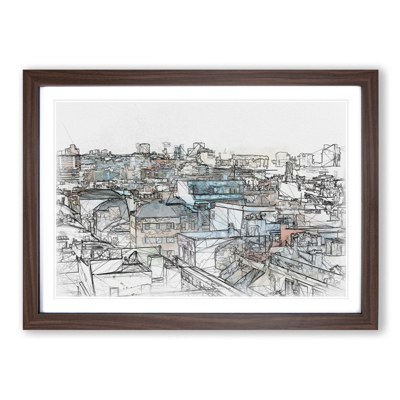 Rooftop View of Gran Canaria Sketch - Picture Frame Graphic Art Print, 40cm H x 60cm W x 2cm D, Walnut Framed