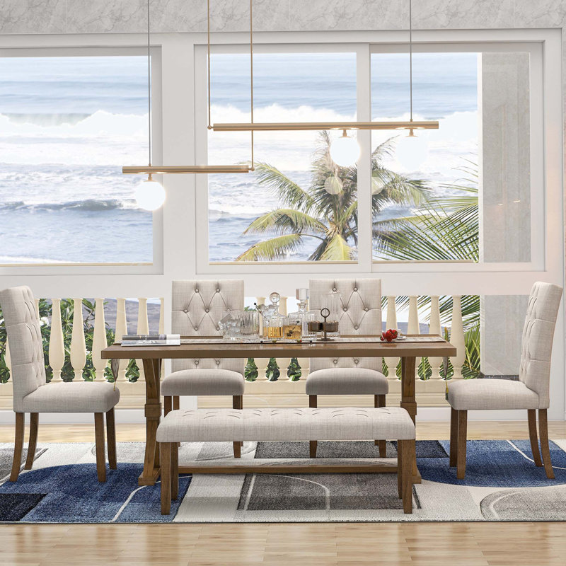 6-Piece Farmhouse Dining Table Set with 72" Wood Rectangular Table and Bench, Beige, Walnut