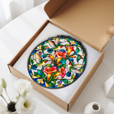 Circular Stained Glass Hummingbirds and Floral Design Canvas Wall Art