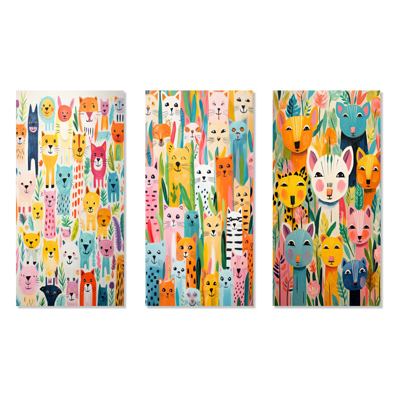 «Nursery Colorful Animal Pattern I», ensemble de 3 reproductions d'art sur toile, Toile tendue, H 28 po x l 36 po