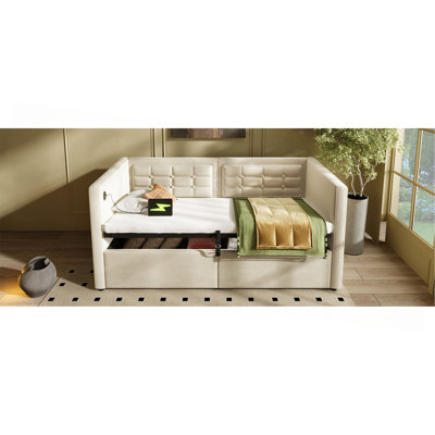 Lit de jour rembourré de taille simple, cadre de lit simple à rangement hydraulique avec chargement USB et de type C, cadre de lit avec lattes de bois et dossier de canapé touffeté, velours (sans matelas)