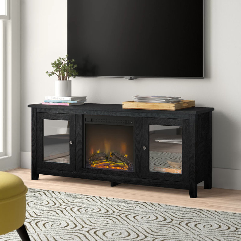 Kohn 58" 2-Door TV Stand with Electric Fireplace, Black