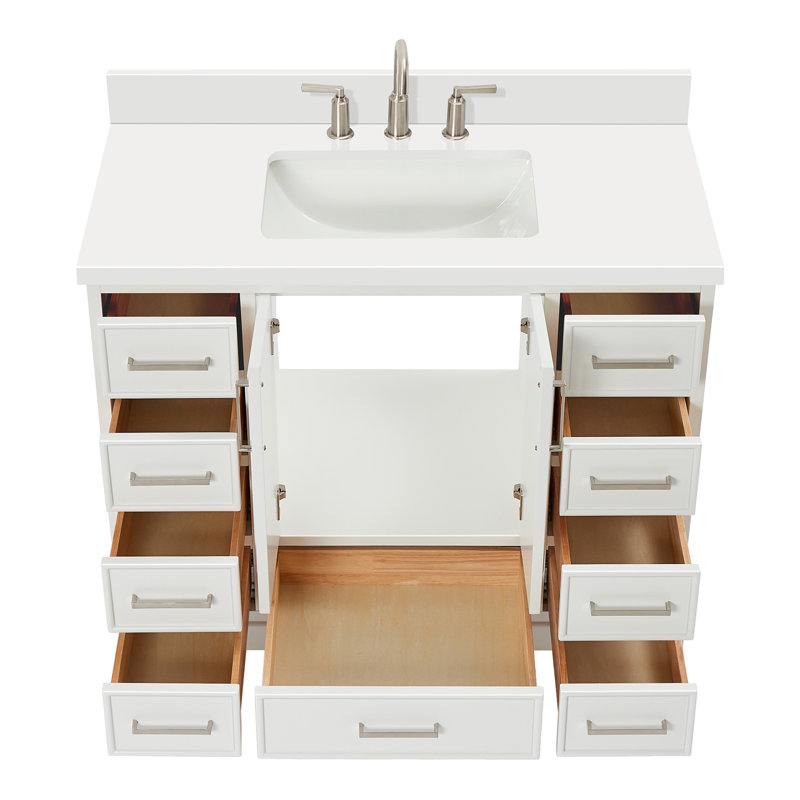 43'' Single Bathroom Vanity with White Quartz Top, White