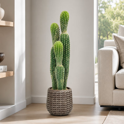 Cactus artificiel à tige simple 2pi Fuzzy 16-Ridge en pot tissé gris clair, plantes de faux cactus pour plantes grasses d'intérieur