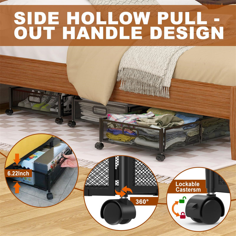 Black Metal Foldable Under Bed Storage Containers with Wheels