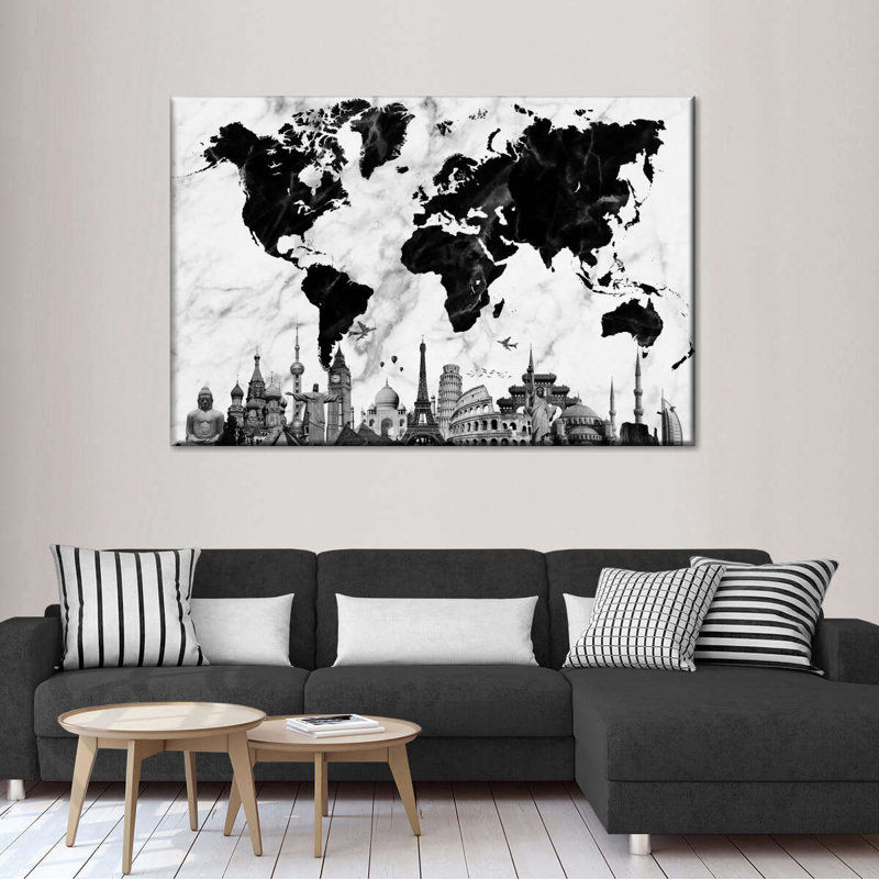 Carte du monde en marbre sur toile, H 24 po x l 36 po x P 1,25 po
