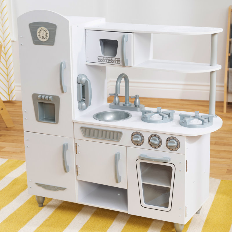 White Vintage Wooden Play Kitchen with Phone and Ice Maker