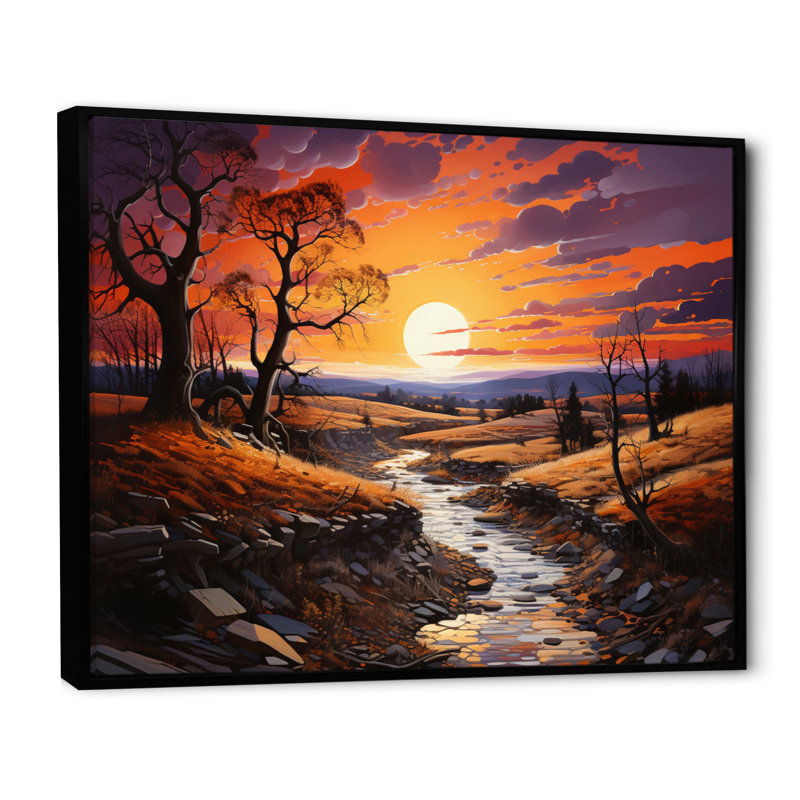 Coucher de soleil peint ciel pastoral, H 30 po x l 40 po x P 1,5 po, Cadre flottant noir