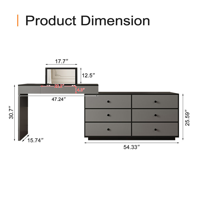 Extendable Vanity Desk Home & Office Convertible L-Shaped Wooden Desk Features A Flip-Up Makeup Mirror And 6 Storage Drawers, Including 2 Small Storage Drawers