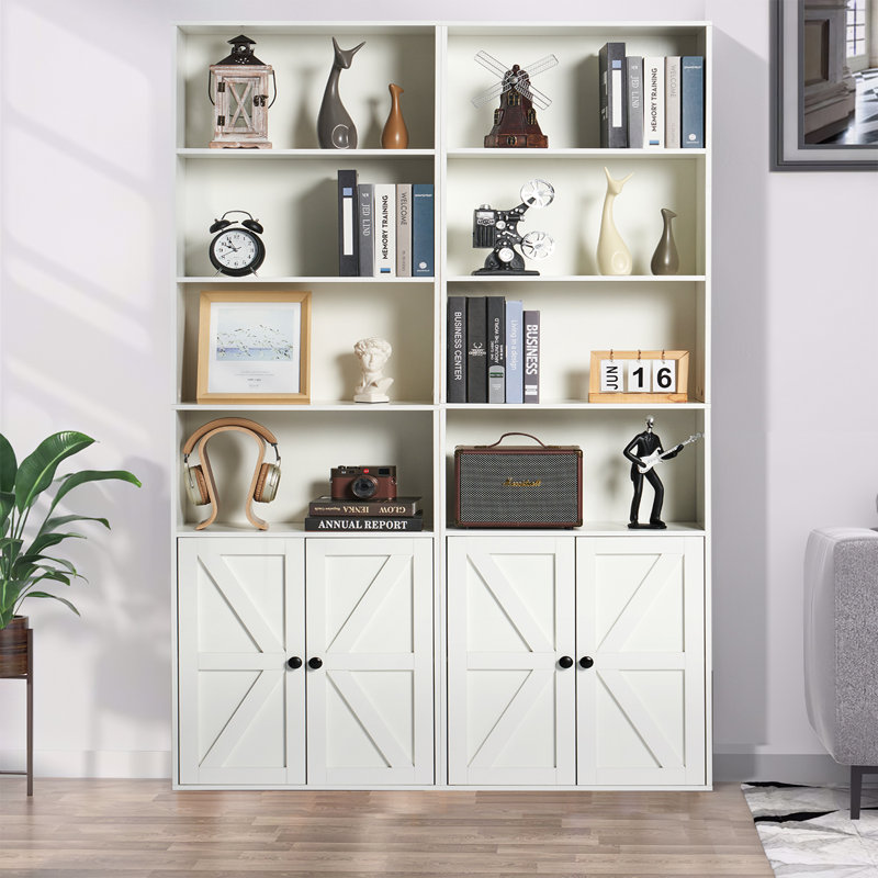 Tiranke Storage Bookcase with Door Cabinets, (6 Shelves) 71.2"H x 21.8"W x 9.3"D, White