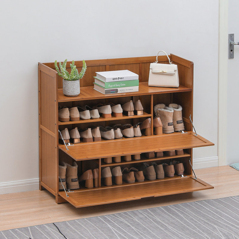 Brown Bamboo 5-Tier Shoe Rack with Pull-Down Doors