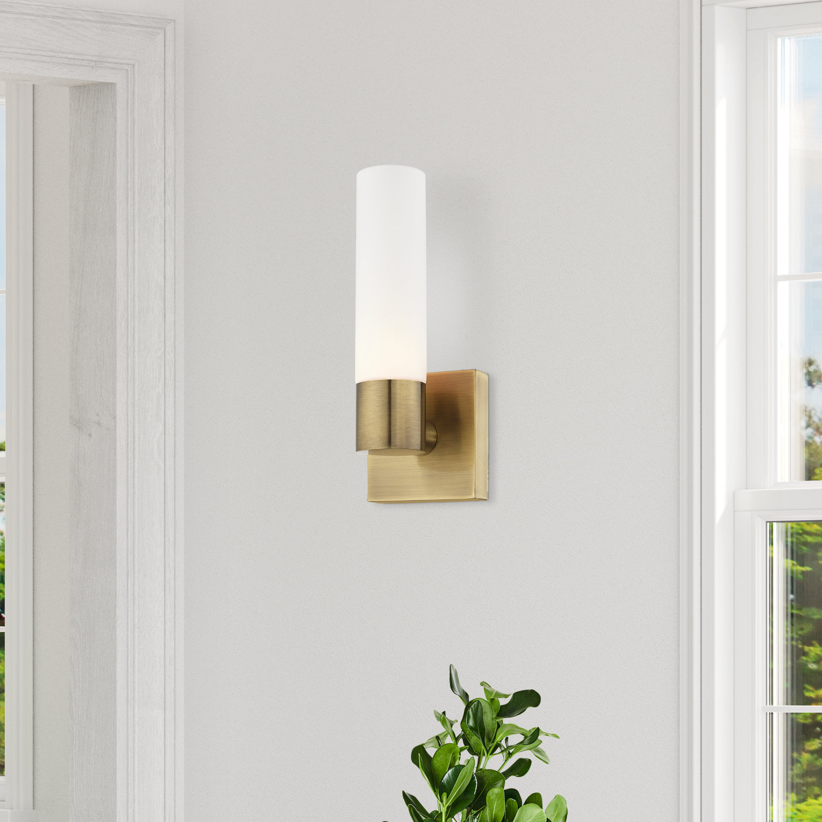 Fulton Single Light Glass Dimmable Armed Sconce, Antique Brass