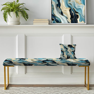 Banc recouvert de tissu doré doré à motif dissimulé doré et bleu