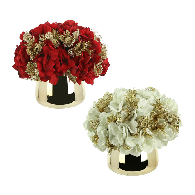 Hydrangea Holiday Arrangement Bundle, Red/White/Gold