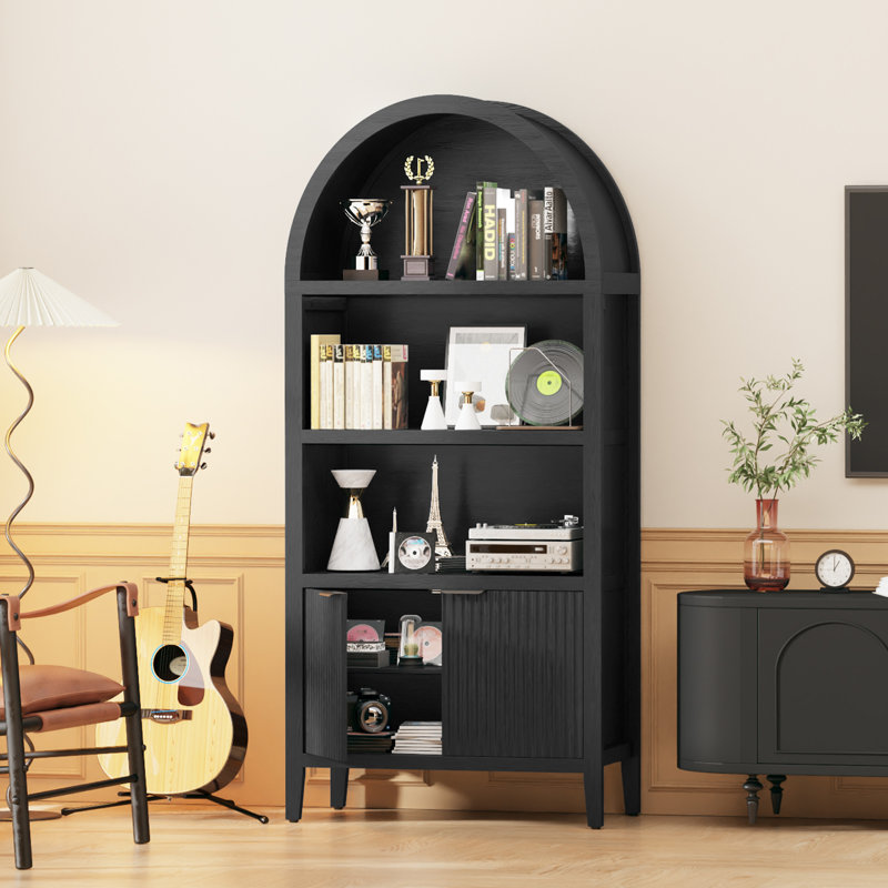 71" Arched Storage Bookcase, Display Cabinet, Black Wood Grain