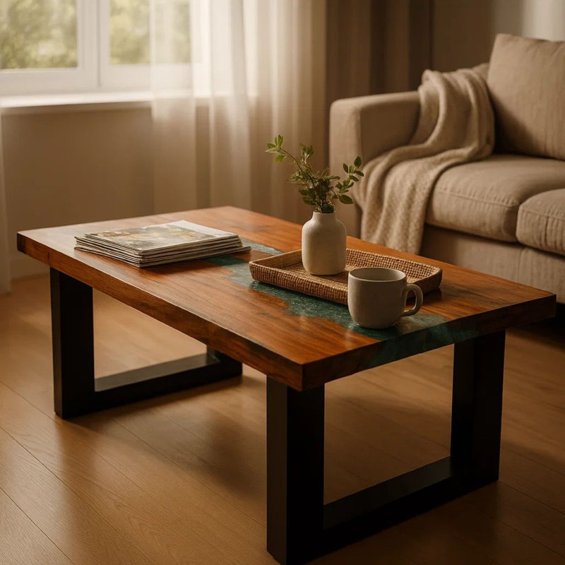 Table basse, plateau en bois de manguier brun de 39 po, base en traîneau noir