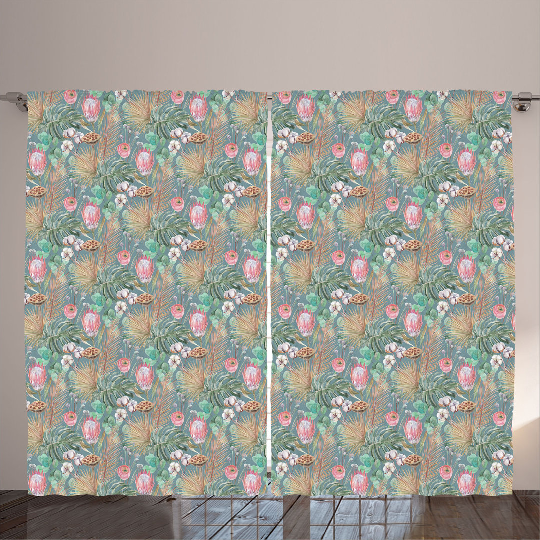 Rustic curtain, exotic dried leaf print, floral, cadet blue pink green