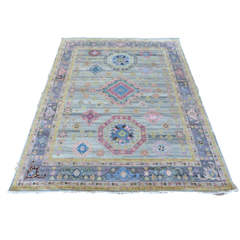 Tapis oriental Oushak noué à la main gris / mauve / rose, Rectangle 7 pi 10 po x 9 pi 11 po