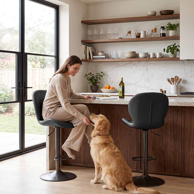 Ensemble de 3 tabourets de bar pivotants, hauteur réglable de 56 à 76 cm, en similicuir noir, avec dossier, pour îlot de cuisine et bar à domicile.