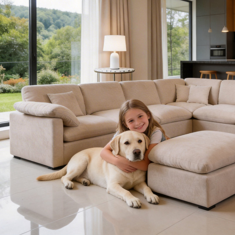 Canapé modulaire surdimensionné de 144 po avec repose-pieds en chenille Burwell, Chenille beige
