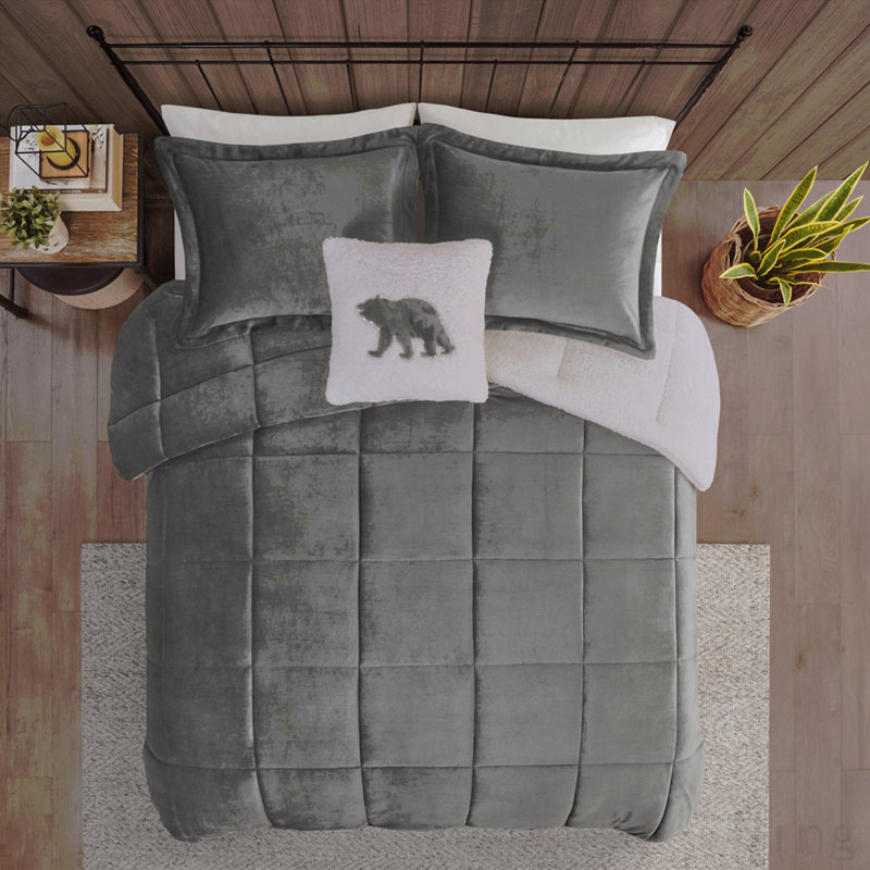 Ensemble d'édredon en duvet synthétique Sherpa, Édredon double / grand + 3 pièces supplémentair, Gris anthracite / ivoire