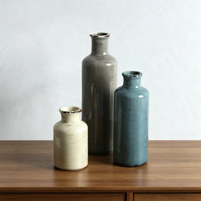 Ceramic Vases Set of 3, Rustic Coastal Farmhouse Decor for Shelves, Mantle, Fireplace, Coffee Table, Distressed Ocean Beach Style Flower Vases for Home Decor