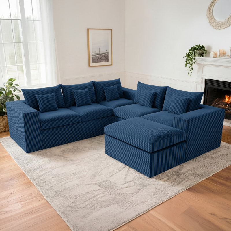 Boneless 96'' Modular Sectional Sofa Couches, 5 Seat U-shaped Cloud Boneless Couch With Deep Seat, Comfy Memory Foam Corduroy Couch With Ottoman, Floor Sofa For Living Room Bedroom