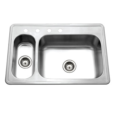 Houzer 33 in Stainless Topmount 4-hole 80/20 Double Small Left Sink w/ Strainer,Grids-LHD-3322-C