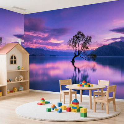 Peler et coller le papier peint adhésif Sereine Reflection Lone Tree Sunset Tranquil Waters, art mural auto-adhésif et amovible
